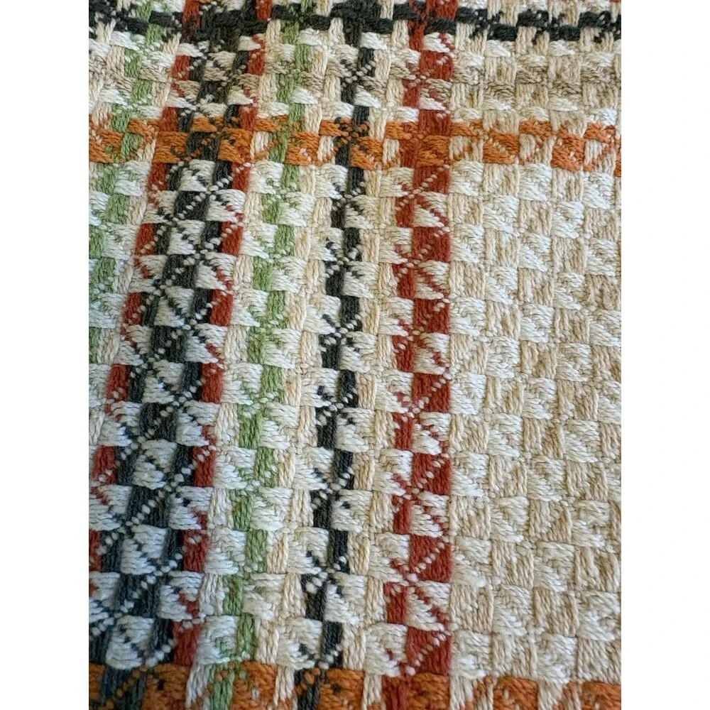 Vintage Woven Remnants Fabric Orange Yellow Green Brown Plaid MCM 2 Pieces